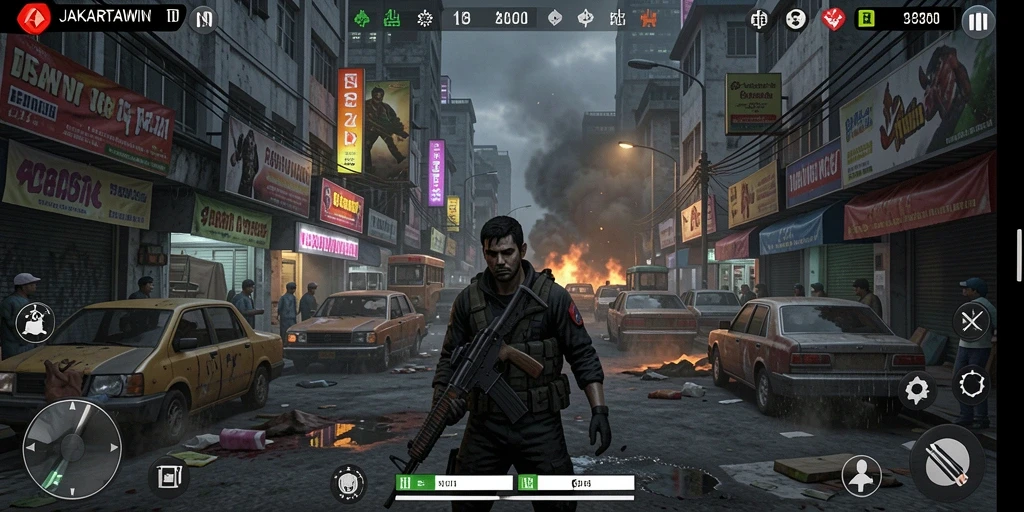 Tampak gameplay menyeramkan dari JAKARTAWIN saat menjelajah kota Jakarta yang gelap.