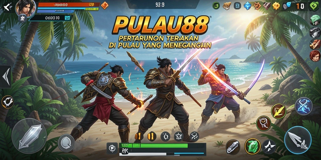 Tampilan gameplay seru dalam PULAU88 saat bertarung di pulau.
