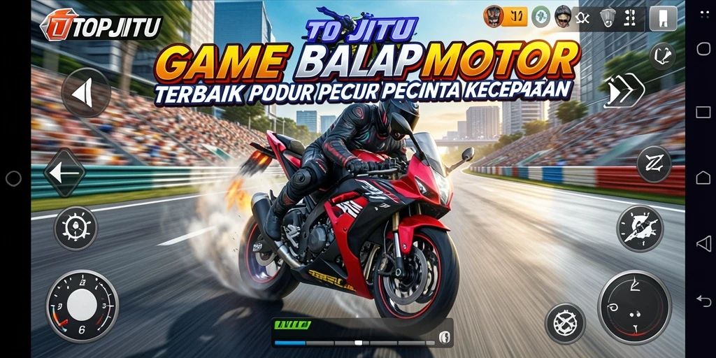 Tampilan gameplay seru dalam balapan motor yang mendebarkan.