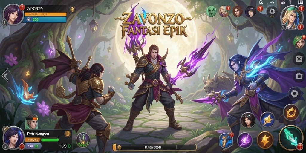 Tampilan gameplay <strong>ZAVONZO</strong> menunjukkan pertarungan epik dan panorama fantastis.